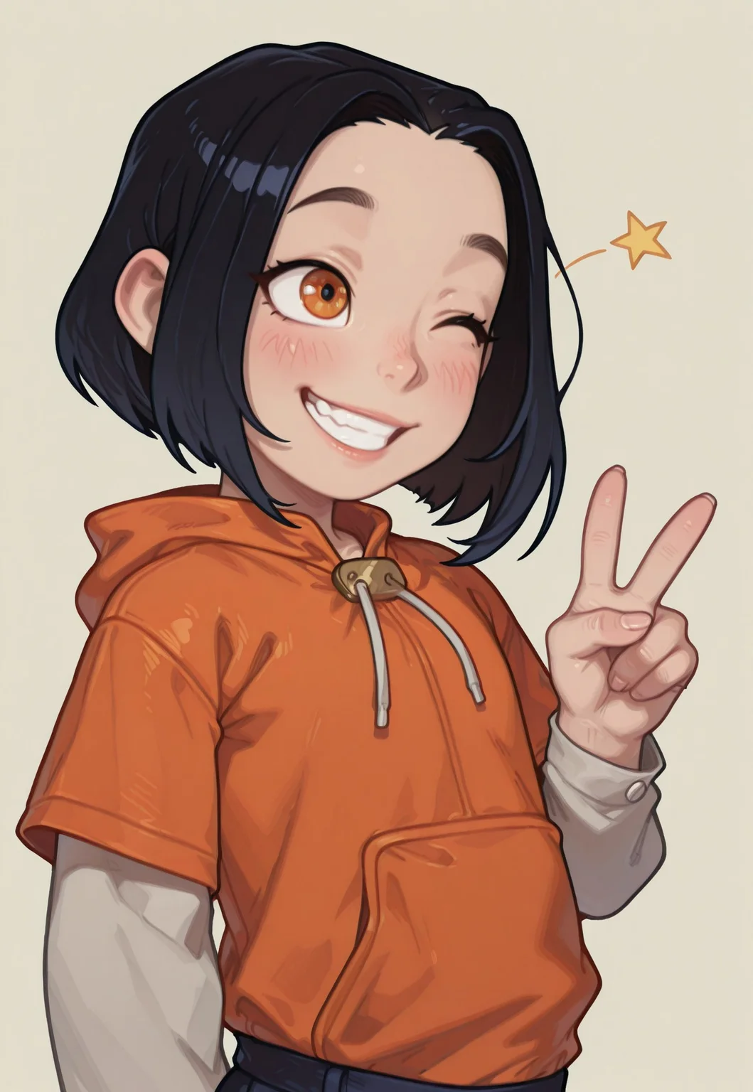 masterpiece, best quality, amazing quality, geh1, 4s0r4,, eigaka, possmach, artist:moriimee,1 girl, solo girl, jade, black hair, short hair, orange eyes, orange hoodie, long sleeves, V, smile, cute smile, blush, blinking, wink, one eye closed, teeth, looking at viewer, upper body, portrait, simple background,