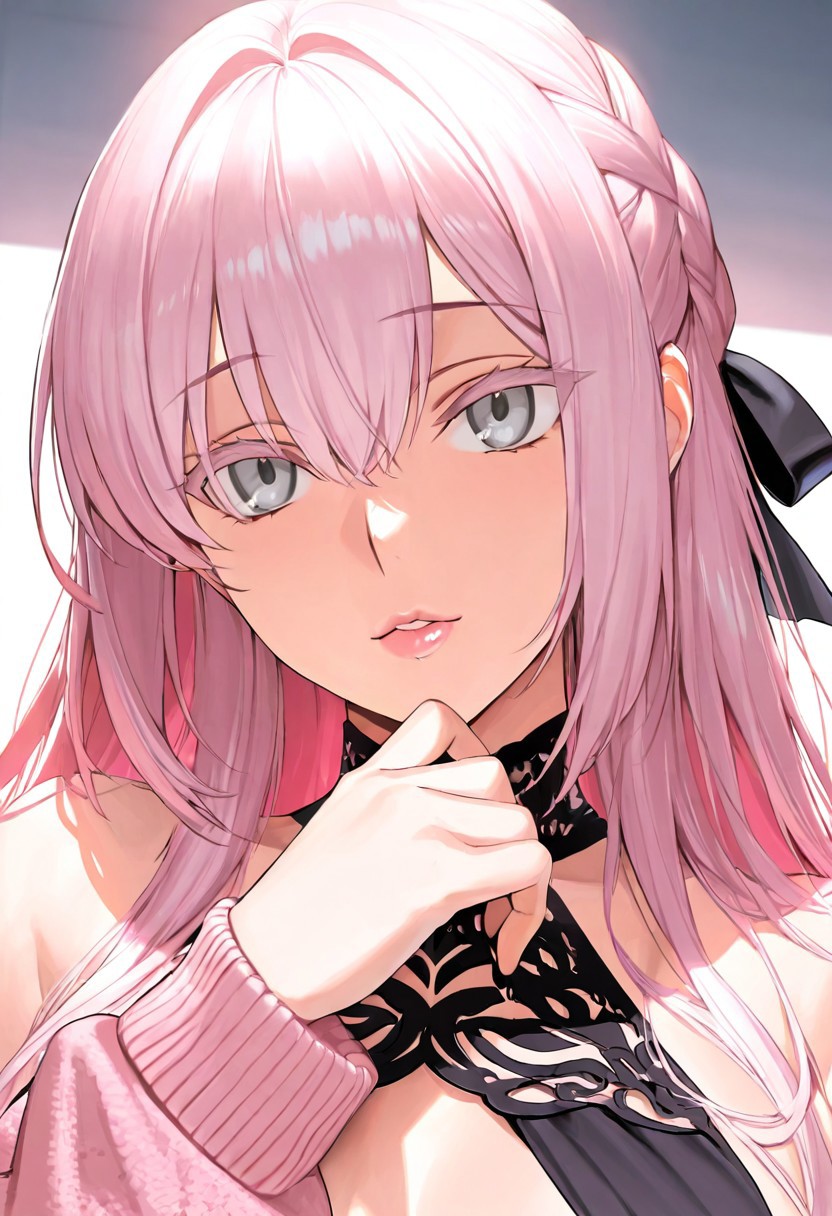 1girl, Tam Lin Tristan \(fate\),, adult woman, masterpiece, pink cardigan, open chest black dress, hand up, braid, pink hair, long hair, hair ribbon, black ribbon, luscious lips, lip gloss, portrait, colored eyelashes, backlighting, grey eyes,, goddess, glossy skin, ,hires, best quality, very aesthetic,absurdres,score_9, score_8_up, score_7_up, score_6_up, score_5_up, score_4_up, (hyper extreme detailed), (hyper quality), game CG, (colour:1.2),(from side:0.7)