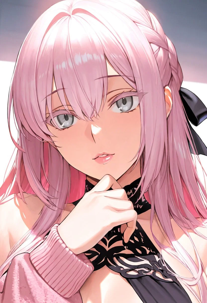 1girl, Tam Lin Tristan \(fate\),, adult woman, masterpiece, pink cardigan, open chest black dress, hand up, braid, pink hair, long hair, hair ribbon, black ribbon, luscious lips, lip gloss, portrait, colored eyelashes, backlighting, grey eyes,, goddess, glossy skin, ,hires, best quality, very aesthetic,absurdres,score_9, score_8_up, score_7_up, score_6_up, score_5_up, score_4_up, (hyper extreme detailed), (hyper quality), game CG, (colour:1.2),(from side:0.7)