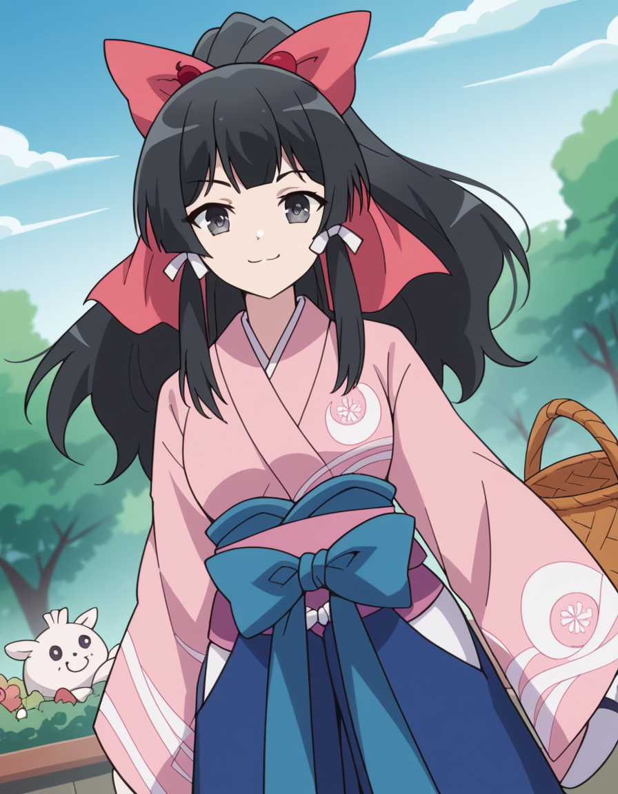 score_9, score_8_up, score_7_up, source_anime, <lora:yae-kokonoe-s2-ponyxl-lora-nochekaiser:1>, yae kokonoe, long hair, bangs, black hair, bow, ribbon, hair ribbon, ponytail, hair bow, black eyes, grey eyes, medium breasts,, skirt, japanese clothes, kimono, hakama, hakama skirt, pink kimono, farmers market, fresh produce, local vendors, baskets, sunny day, community, , smug, looking at viewer, solo,, dutch angle, cowboy shot