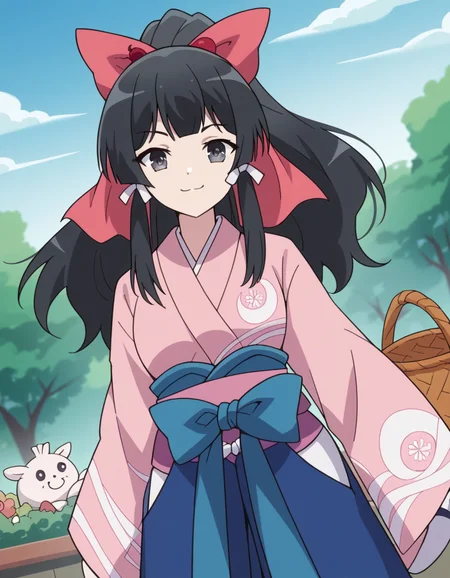 score_9, score_8_up, score_7_up, source_anime, <lora:yae-kokonoe-s2-ponyxl-lora-nochekaiser:1>, yae kokonoe, long hair, bangs, black hair, bow, ribbon, hair ribbon, ponytail, hair bow, black eyes, grey eyes, medium breasts,, skirt, japanese clothes, kimono, hakama, hakama skirt, pink kimono, farmers market, fresh produce, local vendors, baskets, sunny day, community, , smug, looking at viewer, solo,, dutch angle, cowboy shot