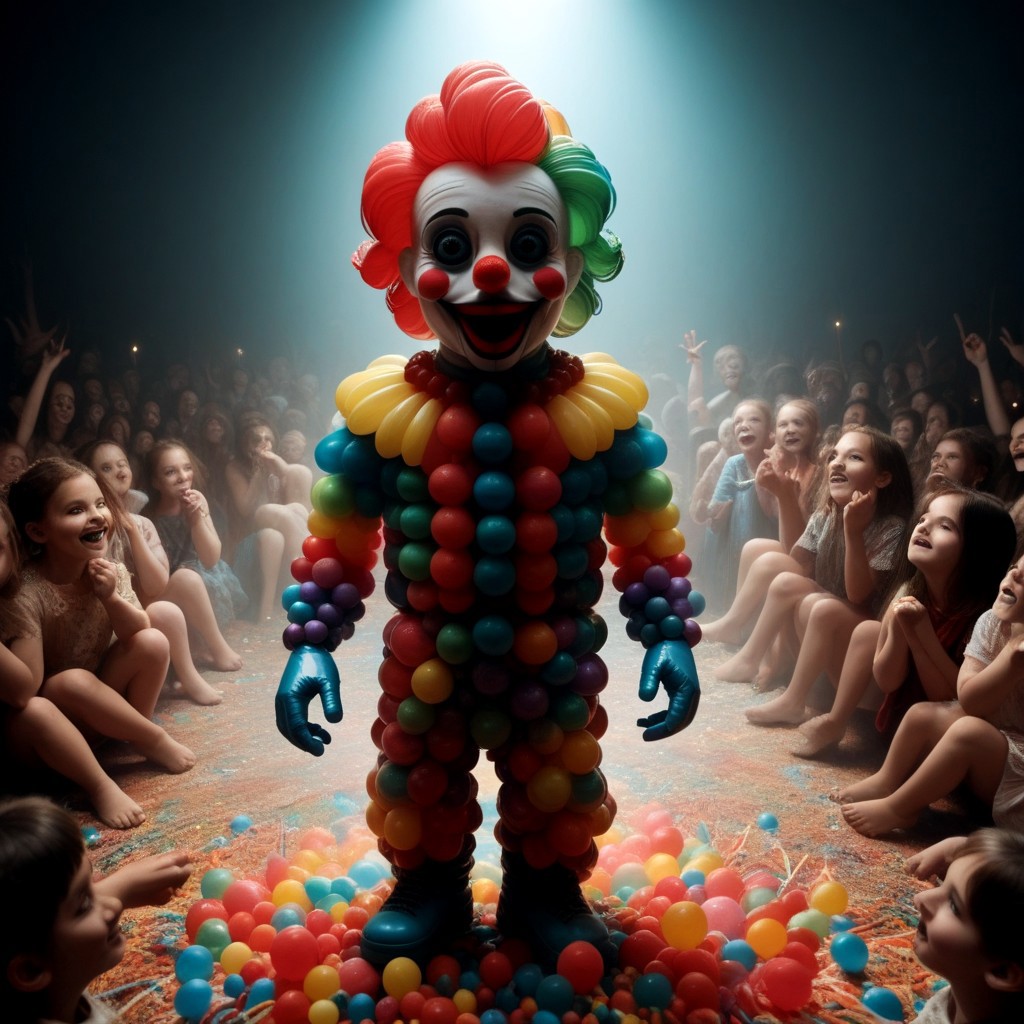 score_9, score_8_up, score_7_up, score_9, score_8_up, score_7_up, terrifying latex clown, horror setting, children's party,