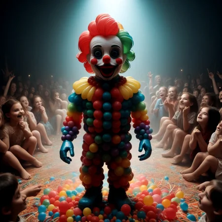 score_9, score_8_up, score_7_up, score_9, score_8_up, score_7_up, terrifying latex clown, horror setting, children's party,
