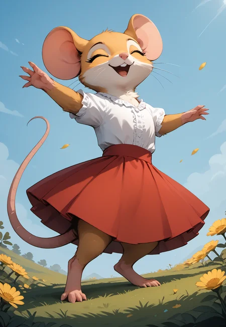 score_9, score_8_up, score_7_up, score_6_up, score_5_up, score_4_up, m0use_goldie, solo, eyes closed, (tail), (cute, feral:1.5), (white frilly shirt, red skirt), Foreshortening, dynamic pose, extreme perspective, (dancing, action pose:1.3), meadow, blue sky, (flowers:1.5), tall_grass, (happy), side view, (low angle view:1.5)