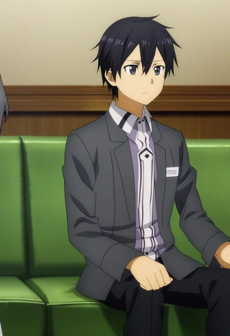high resolution, professional photography, best quality, 1Boy, Kazuto Kirigaya, Black Hair, Black Eyes, lovely, deep talk, helpless. sit, couch, OverallDetail