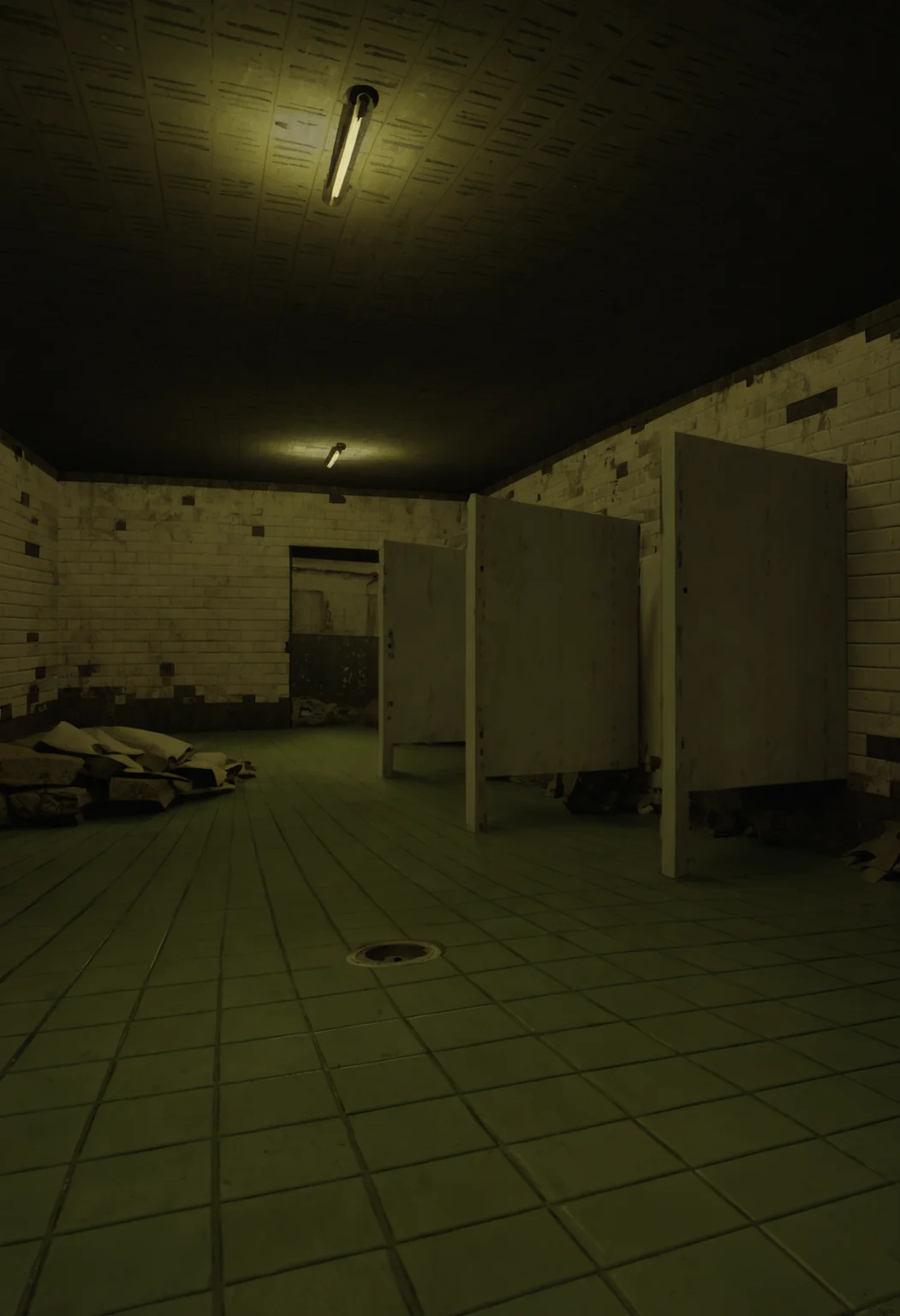 score_9, score_8_up, score_7_up, score_6_up,
BREAK
UUDC, indoors, horror \(theme\), dark, scenery, abandoned, underground, room, bathroom, concrete walls, tile walls, tile floor, fluorescent light, dim lighting, decayed, damaged walls, neglected, no humans, shadows, architecture, urban decay, bathroom stalls, broken tiles, rubble, drain cover, floor drain, shelf <lora:[Urban Liminal] Underground Construction Style Background_epoch_10:0.6>