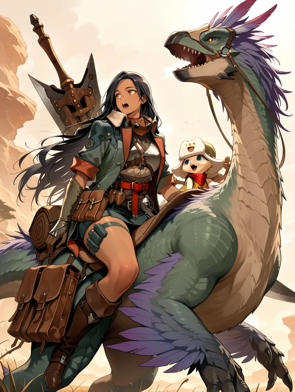 hope female armor,1girl,seikret,very long hair,dark-skinned female,open mouth,looking to the side,sitting,riding,black hair,huge sword,short hair,teeth,red scarf,2others,felyne,ushanka,yellow jumpsuit,weapon on back,green jacket,white shirt,green skirt,thigh strap,brown knee boots,brown gauntlets,brown mouth mask,red belt,brown pouch,winged arms,dinosaurs,
masterpiece,best quality,amazing quality,very aesthetic,absurdres,newest,<lora:MHWilds hope armor illuXL v1:0.8>,