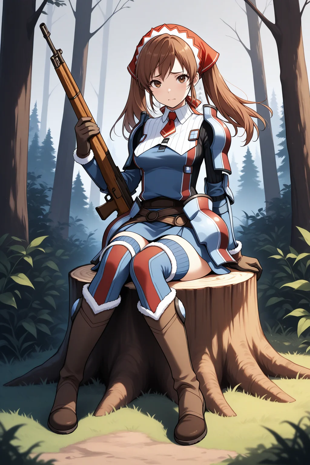 masterpiece, best quality, 1girl, solo, <lora:vcalicia-illu-nvwls-v1-000006:1> vcalc, twintails, brown hair, long hair, brown eyes, red headscarf, blue armor, striped armor, shoulder armor, collared shirt, ribbed shirt, red necktie, short necktie, brown gloves, blue skirt, blue thighhighs, red striped thighhighs, brown boots, full body, sitting, tree stump, looking at viewer, forest, grey sky, holding rifle, furrowed brow