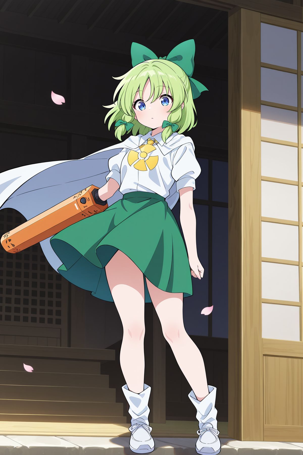 absurdres, highres, masterpiece, best quality, amazing quality, official anime artwork, screencap, anime screencap, indoors, dynamic pose, hakurei shrine, outdoors, petals, 
 <lora:Ruukoto_Illustrious:1> ruukoto, 1girl, solo, blue eyes, green hair,, green bow, hair bow, white cape, white shirt, green skirt, puffy short sleeves, asymmetrical footwear, arm cannon, radiation symbol,