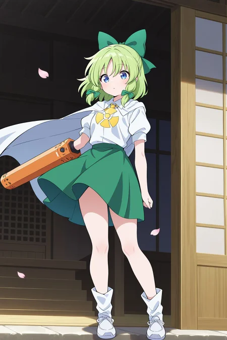 absurdres, highres, masterpiece, best quality, amazing quality, official anime artwork, screencap, anime screencap, indoors, dynamic pose, hakurei shrine, outdoors, petals, 
 <lora:Ruukoto_Illustrious:1> ruukoto, 1girl, solo, blue eyes, green hair,, green bow, hair bow, white cape, white shirt, green skirt, puffy short sleeves, asymmetrical footwear, arm cannon, radiation symbol,