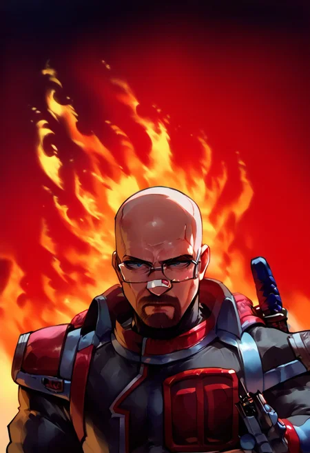 score_9, score_8_up, score_7_up, STYLES | PONY & ANIMAGINE, black hat
, masterpiece, beautiful, upper body, front view, band aid on nose,black hat,
,walteruwaito,Middle-aged man, bald, Glasses, power pose, cold look,bear,Spdshadowranger, black armored suit, red and silver accents, metallic chest armor, bold "100" design, angular shoulder pads, black gloves with red cuffs, silver belt with red buckle, holster with weapon, ,anime art style, desert background,flip flip phone,sheath, katana, fire background, desert