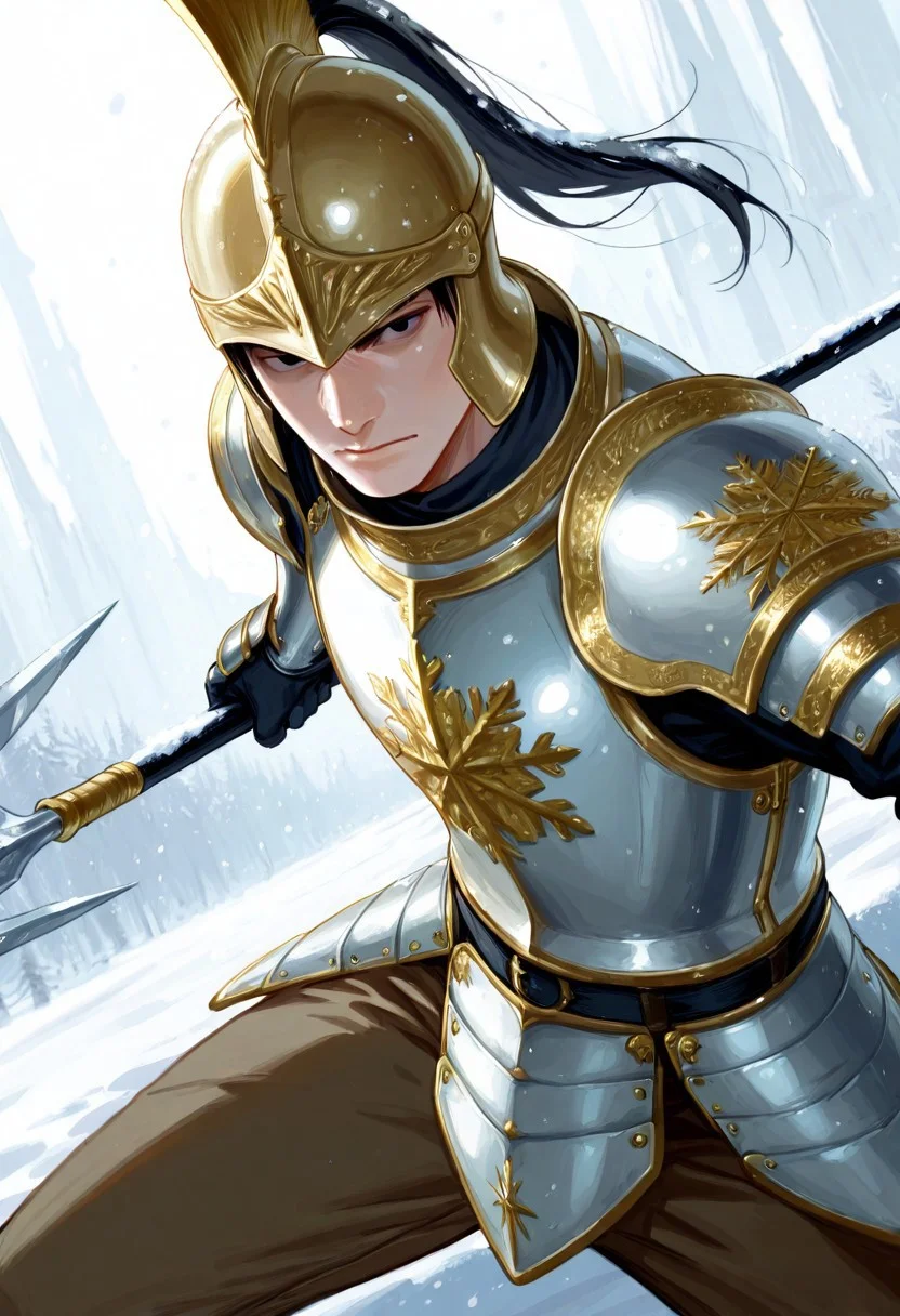 realistic shading, natural lighting, expressive serious face, machawdw-helmetted 1male focus, gold-white_machawdw_ponytail helmet, black eyes, eye_focus, holding spear, spear, fighting stance, cuirass, brown pants, armor, shiny skin, cowboy shot, snowing, snowflake, surreal, symbolic background, shadow, foreshortening, dutch angle, dynamic angle, dynamic action, intricately detailed illustration, cinematic, depth of field, atmospheric perspective, masterpiece, best quality, amazing quality, very aesthetic, absurdres, newest