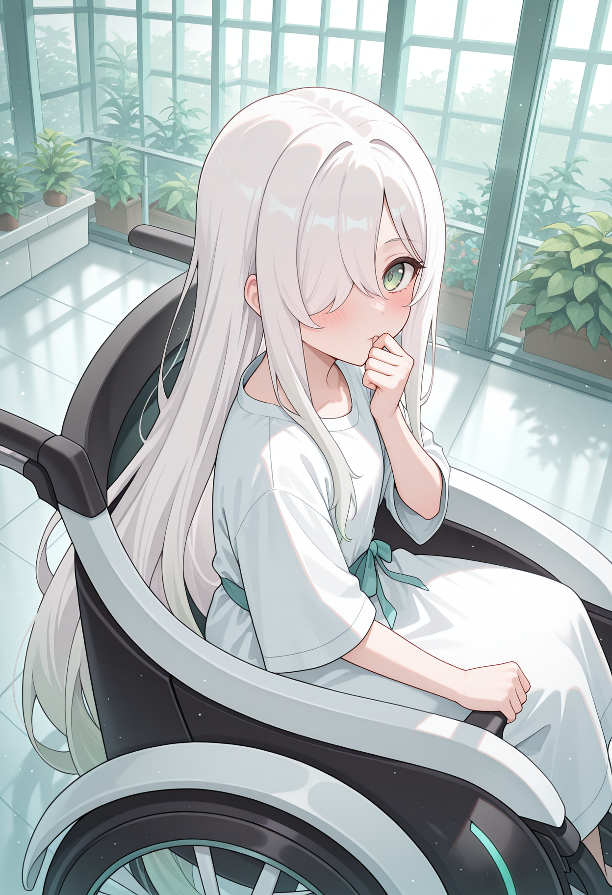 highres, best quality, masterpiece, indoors, greenhouse, 
1girl, solo, rlpanmn, very long hair, white hair, hair over one eye, one eye covered, gradient hair, green eyes,
hospital gown, wheelchair, white dress,
blush, looking at viewer, 
sitting, from side, science fiction, 
light particles, from above, hand to own mouth, clenched hand, 
<lora:_anemone_pcr-elesico-ilxlB:1>