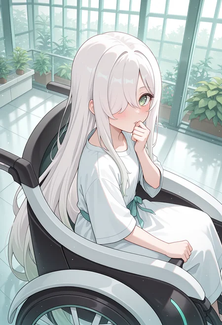 highres, best quality, masterpiece, indoors, greenhouse,
1girl, solo, rlpanmn, very long hair, white hair, hair over one eye, one eye covered, gradient hair, green eyes,
hospital gown, wheelchair, white dress,
blush, looking at viewer,
sitting, from side, science fiction,
light particles, from above, hand to own mouth, clenched hand,
<lora:_anemone_pcr-elesico-ilxlB:1>