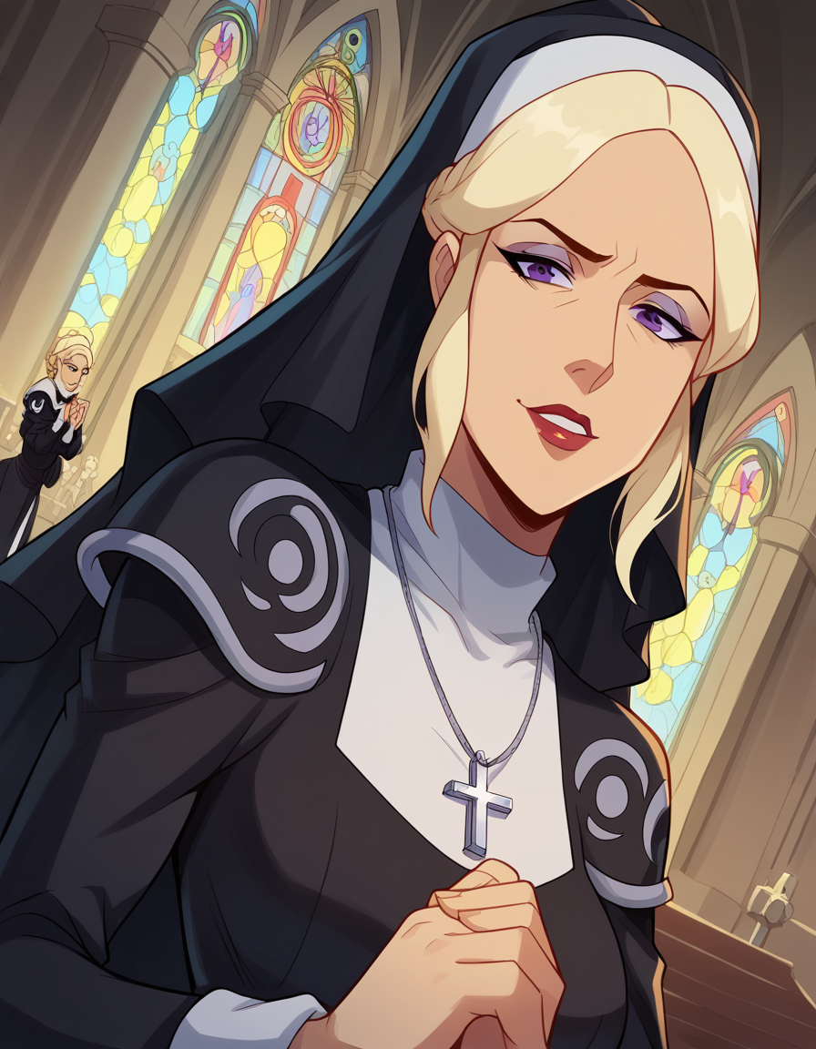 score_9, score_8_up, score_7_up, source_anime, <lora:allura-vysoren-s3-ponyxl-lora-nochekaiser:1>, allura vysoren, ponytail, blonde hair, sidelocks,purple eyes, makeup, lipstick, <lora:traditional-nun-ponyxl-lora-nochekaiser:1>, traditional nun, nun, habit, long sleeves, dress, black dress, jewelry, black veil, cross, cross necklace,, church, smug, praying,, , dutch angle, cowboy shot