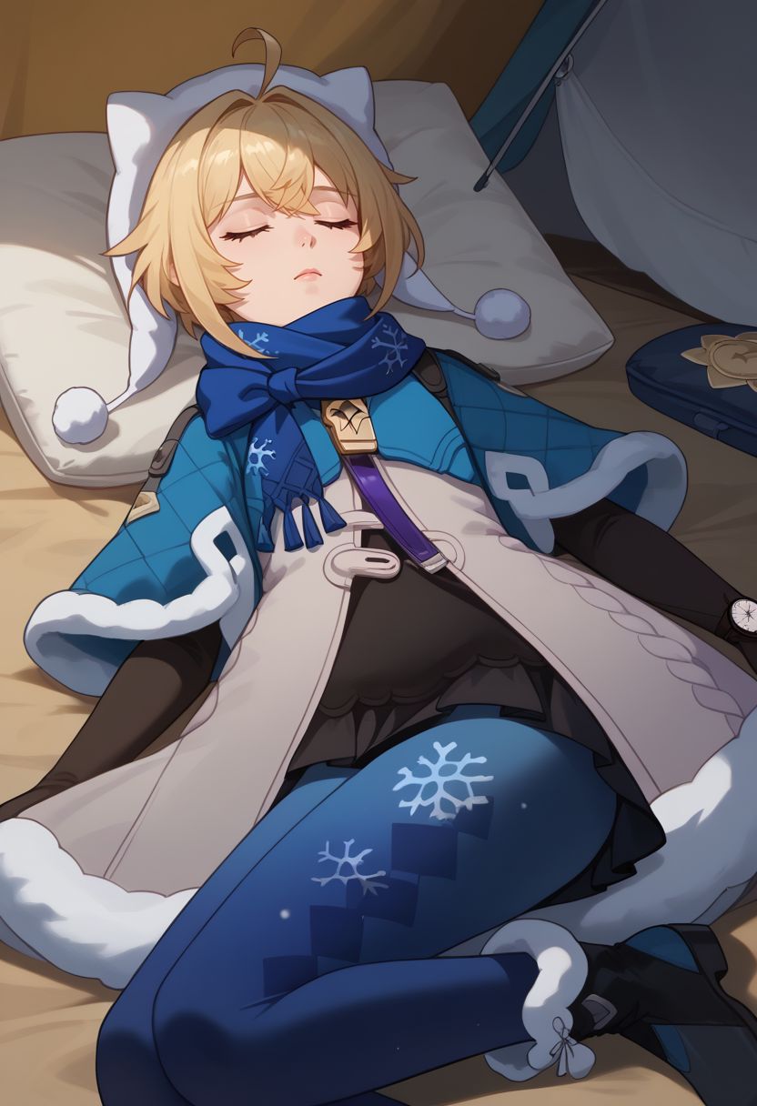 score_9, score_8_up, score_7_up, source_anime, 1girl, lynxlandaudef, closed eyes, blonde hair, short hair, ahoge, hat, blue scarf, fur trim, fur-trimmed capelet, blue capelet, white jacket, winter clothes, blue pantyhose, snowflake print, black elbow gloves, watch, fur-trimmed boots, lying, on back, on side, looking to the side, sleeping bag, tent, sleeping, closed mouth, close-up, upper body, <lora:LynxLandau_v1-000010:1>