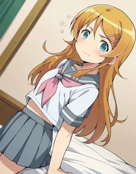 score_9, score_8_up, score_7_up, source_anime,
kirinokousaka, <lora:kirino-kousaka-s2-ponyxl-lora-nochekaiser:1>,
kirino kousaka, long hair, blue eyes, hair ornament, hairclip, orange hair, aqua eyes,
skirt, school uniform, serafuku, shirt, white shirt, grey sailor collar, grey skirt, pleated skirt, neckerchief, pink neckerchief,
indoors, bed, bed room, on side, blush, drunk,
looking at viewer, cowboy shot, solo, dutch angle,