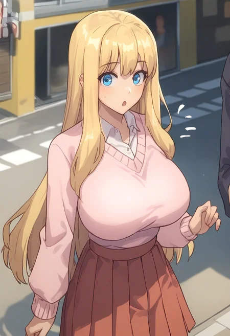 score_9, score_8_up, score_7_up, score_6_up, source_anime, rating_explicit, 1girl, solo, huge breasts,<lora:hoshigaoka yuri prefectPonyxl:0.8> blonde hair, long hair, blue eyes, pink sweater, white shirt, collared shirt, long sleeves, red skirt, pleated skirt, surprised, Narrow shoulders, street, outdoors, looking at viewer, anime coloring