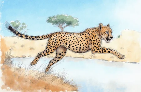 Sharp image of a rough sketch, rendered in vibrant multi colour ballpoint pen, capturing the adorable features of a cheetah in mid-air, with its body stretched out to the side. It appears to be running or leaping over a body of water, possibly a lake or a river. The leopard's body is covered in black spots, and its tail is stretched out behind it. The background is blurred, but it seems to be an open area with trees and shrubs. The sky is blue and the sun is shining, casting a warm glow on the scene.  p3nsk, <lora:p3nsk:1>