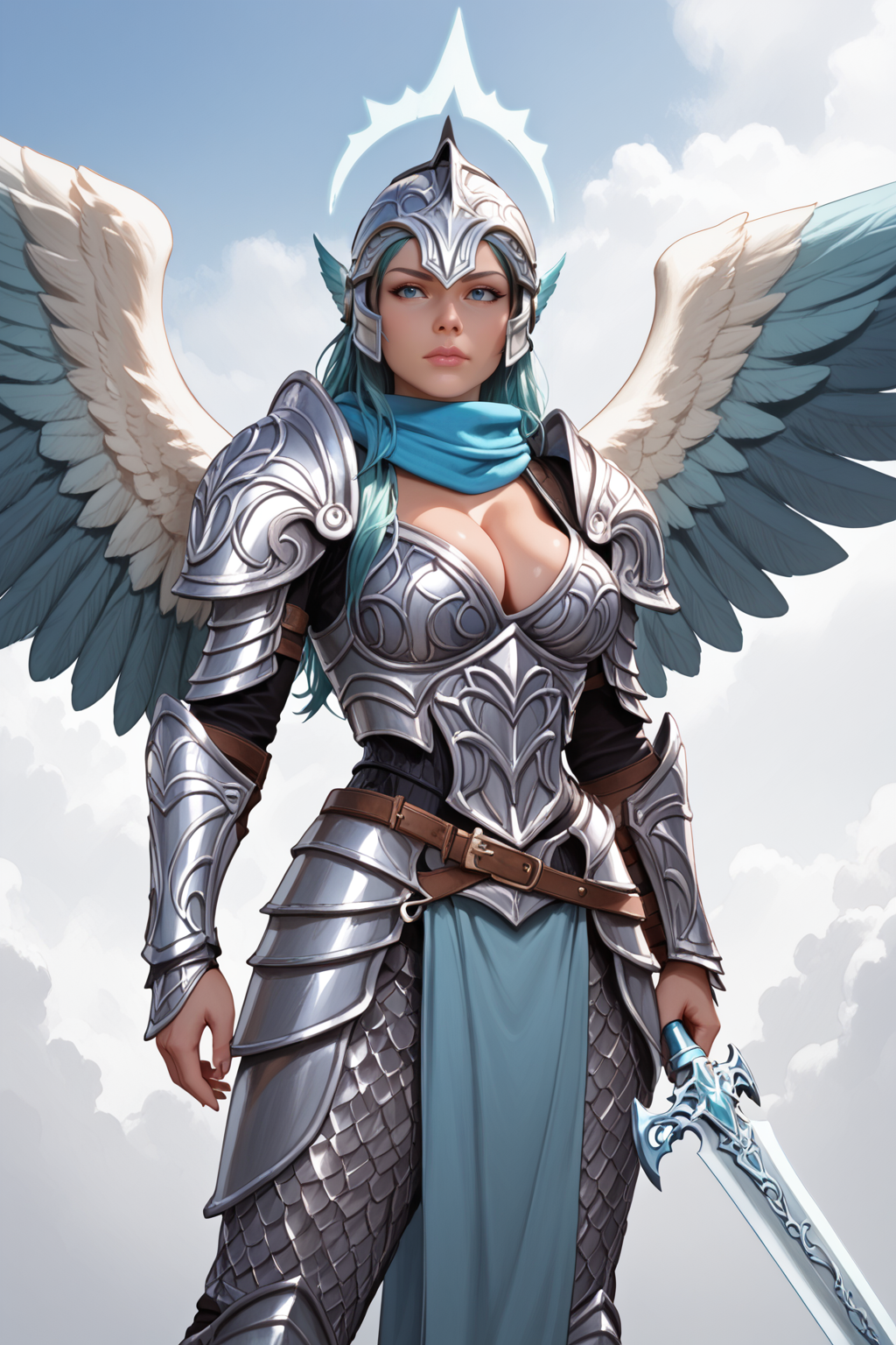 score_9, score_8_up, score_7_up, masterpiece, high quality, BREAK
 <lora:zarielAngelPonyLoRA:0.8>zargel, halo, long hair, scarf, feathered wings, vambraces, faulds, belt buckle,multiple wings, pelvic curtain, chainmail pants, large wings, huge weapon, holding sword, holding weapon, sword, planted sword, heaven, holy light, serious, (cleavage, winged helmet:1.3), from side