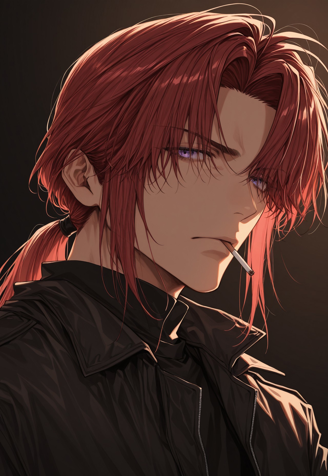 masterpiece, best quality, amazing quality, very aesthetic, absurdres, dynamic angle, ultra-detailed, highly detailed, cinematic lighting, realistic shading, BREAK, MinekuraStyle, BREAK
1boy, mouth hold, cigarette, smoking, frown, portrait, long hair, ponytail, red hair, black jacket, purple eyes