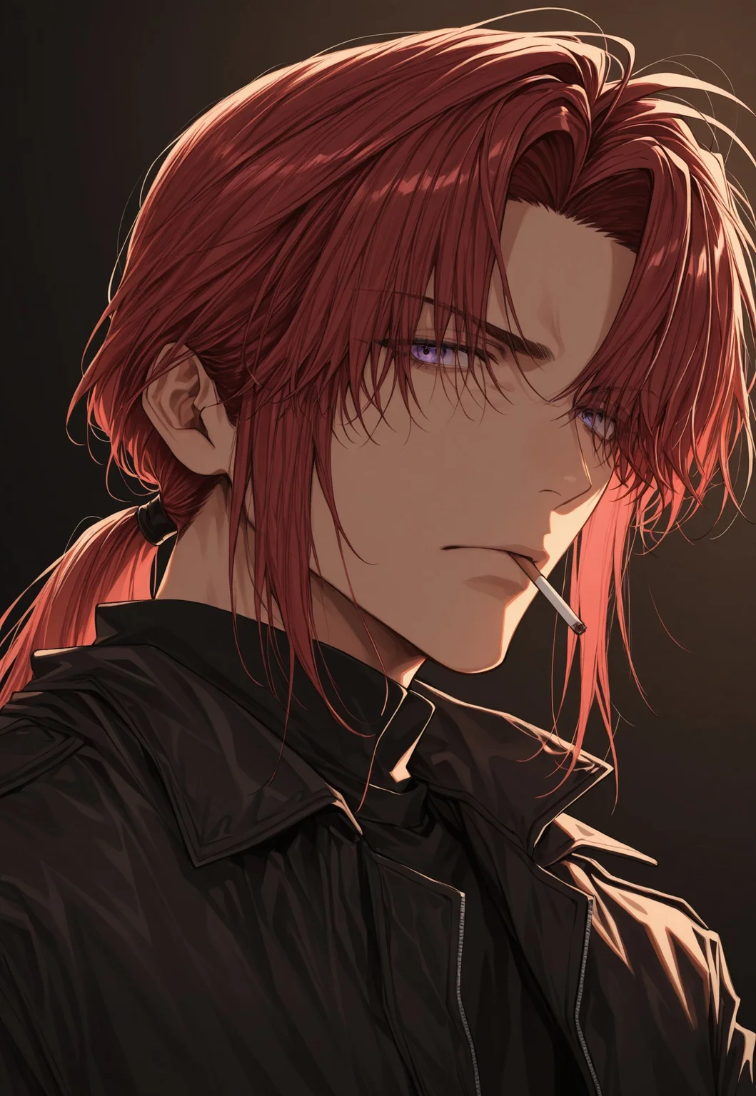 masterpiece, best quality, amazing quality, very aesthetic, absurdres, dynamic angle, ultra-detailed, highly detailed, cinematic lighting, realistic shading, BREAK, MinekuraStyle, BREAK
1boy, mouth hold, cigarette, smoking, frown, portrait, long hair, ponytail, red hair, black jacket, purple eyes