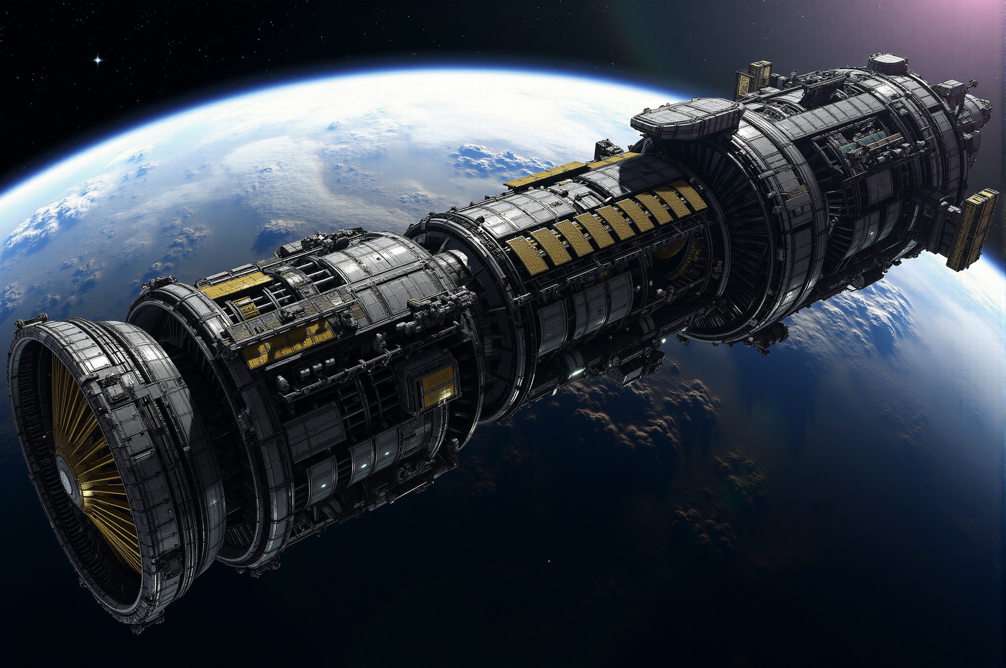 <lora:SpaceCraft_v.1:0.8> SPCCRFT style. A colossal deep-space vessel orbits a distant planet, its intricate, industrial design embodying advanced engineering and resilience for long-duration missions. The shipâs cylindrical form is layered with a dense network of modular compartments, reinforced plating, and exposed framework, emphasizing a rugged, functional aesthetic built for interstellar exploration or heavy-duty logistical operations. The surface is adorned with a patchwork of metallic panels, structural braces, and storage modules, with golden-hued solar arrays interspersed across the hull, harvesting energy from nearby celestial bodies. The forward section of the ship features an expansive observation deck enclosed within a transparent canopy, offering a commanding view of the cosmos while providing a glimpse into the intricate workings of the vessel's bridge. Alongside the hull, an array of docking ports, sensor arrays, and communication relays extend outward, enhancing the shipâs operational capabilities. The aft section houses a cluster of massive thrusters encased in reinforced metallic frameworks, their reflective surfaces catching the ambient glow of distant stars. These propulsion systems suggest a powerful, long-range capability, with secondary maneuvering jets positioned for precise adjustments in orbit. Flanking the central core, auxiliary storage units and reactor modules are securely fastened, adding to the shipâs impressive scale and logistical flexibility. In the background, the curvature of the planet below reveals a landscape of rugged terrain and swirling atmospheric patterns, partially obscured by drifting asteroid debris. The deep-space environment, punctuated by the subtle glow of distant stars and nebulae, serves as a breathtaking backdrop that enhances the shipâs immense presence and operational significance. Rendered in a photorealistic sci-fi art style, the composition features intricate detailing, expertly balanced lighting, and a cinematic perspective that highlights the shipâs complexity and scale. The interplay of light and shadow across the vesselâs textured surfaces evokes a sense of realism and immersion, capturing the grandeur and purpose of deep-space exploration in the pursuit of scientific discovery and frontier expansion.