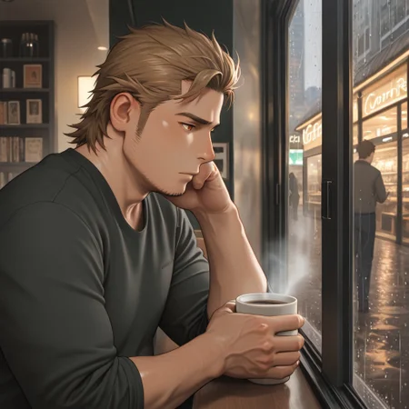 masterpiece, best quality, amazing quality, absurdres, newest, detailed background, definition so sharp, Ultra-HD, 8K cinematic, very awa, impressionate, amazing quality, highres,
solo, male focus, manly, plump, shadow, shiny skin,
ekusoushizumu, ekusou_brunette, ekusou_orange eyes, 1boy, short hair, sideburns, stubble, urban, city_lights, coffee_shop, bookstore, rainy_day, window_view, steam_from_cup, thoughtful, serene_cityscape, muted_colors, cozy_corner, gentle_rain