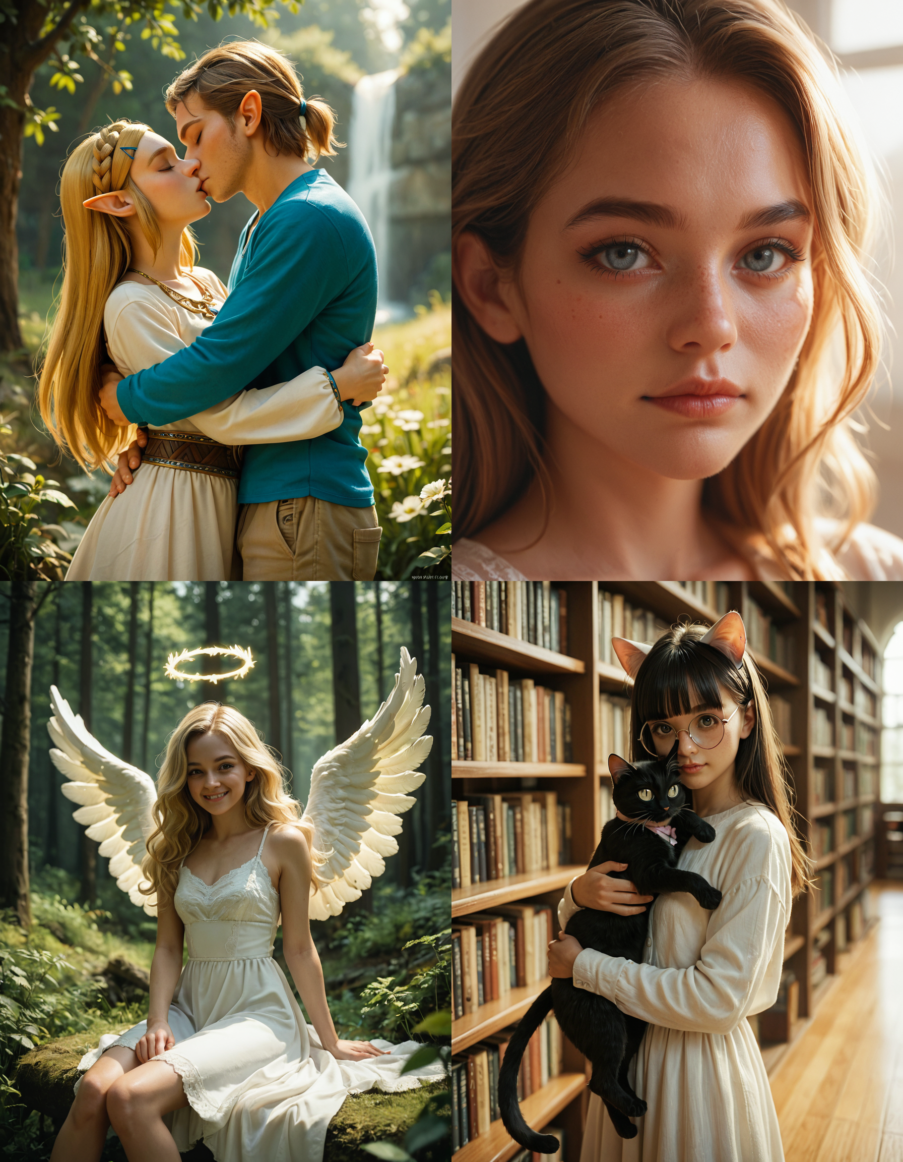 https://civitai.com/articles/5300 __ 1st image: score_9, score_8_up, score_7_up, 1girl, 1boy, Princess_Zelda, \(The_Legend_of_Zelda:_Breath_of_the_Wild\), standing, kiss, hug, closed_eyes __ 2nd image: score_9, score_8_up, score_7_up, 1girl, lovely face, portrait, close-up, looking_at_viewer, closed_mouth __ 3rd image: score_9, score_8_up, score_7_up, 1girl, solo, blonde_hair, wavy_hair, angel, angel_wings, halo, smile, sitting, forest, white_dress __ 4th Image: score_9, score_8_up, score_7_up, 1girl, solo, long_hair, black_hair, blunt_bangs, straight_hair, round_eyewear, cat_girl, cat_ears, cat_tail, standing, hug cat, looking_at_viewer, library