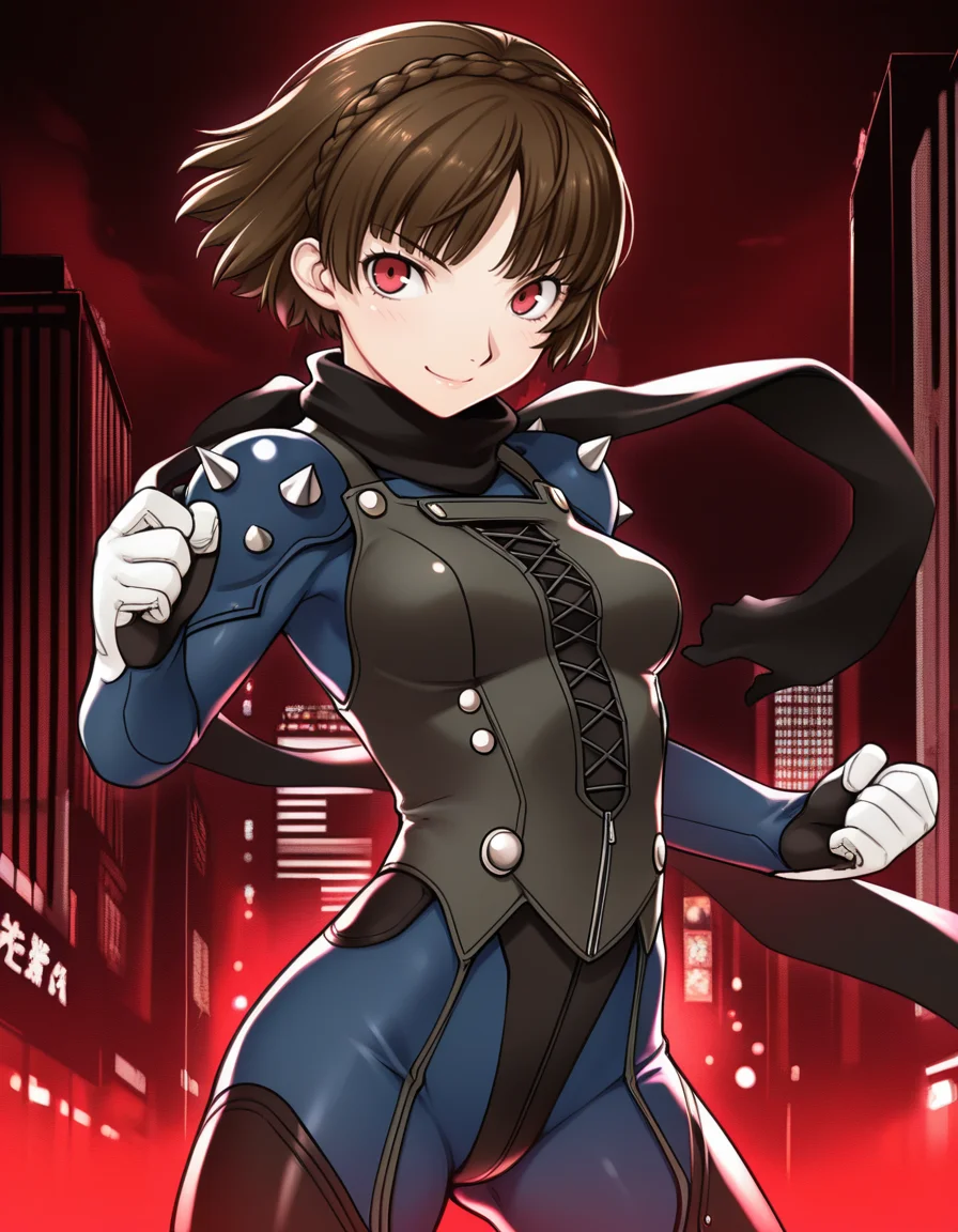 (k1r1y4m4), <lora:1_illu_kiriyama_taichi_8e:1>, 1girl, Niijima Makoto, Persona 5, cowboy shot, brown hair, red eyes, crown braid, blue bodysuit, scarf, shoulder spikes, smile, closed mouth, short hair, small breasts, fighting stance, Tokyo, red and black background, city, (masterpiece, best quality, amazing quality),