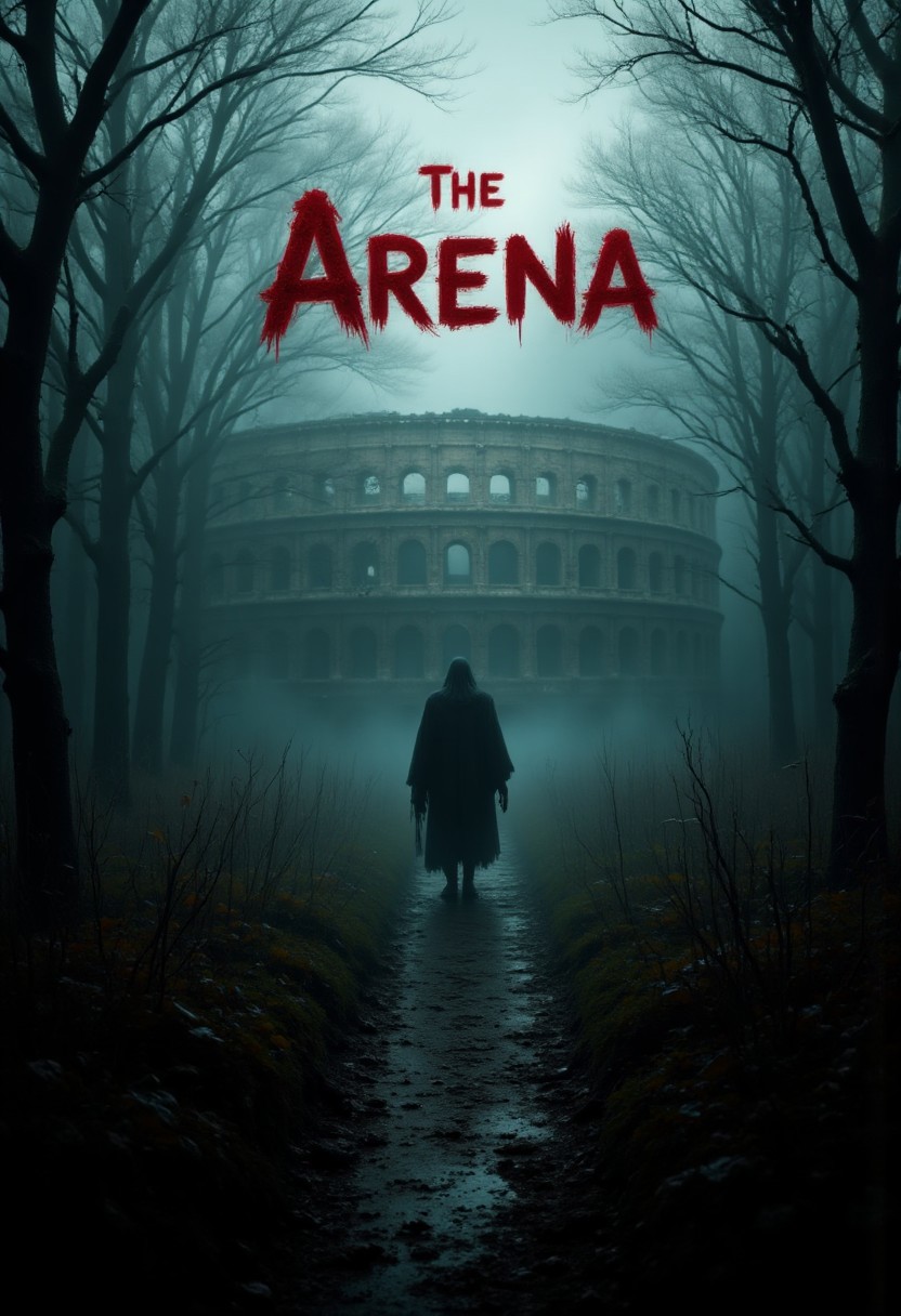 Horror movie scene, mist, forest of scariest trees a Colosseum can be seen, walls of the colosseum are filled with blood stains, with text:"The Arena" made with blood , aidmaabdhr, aidmaTextImprover