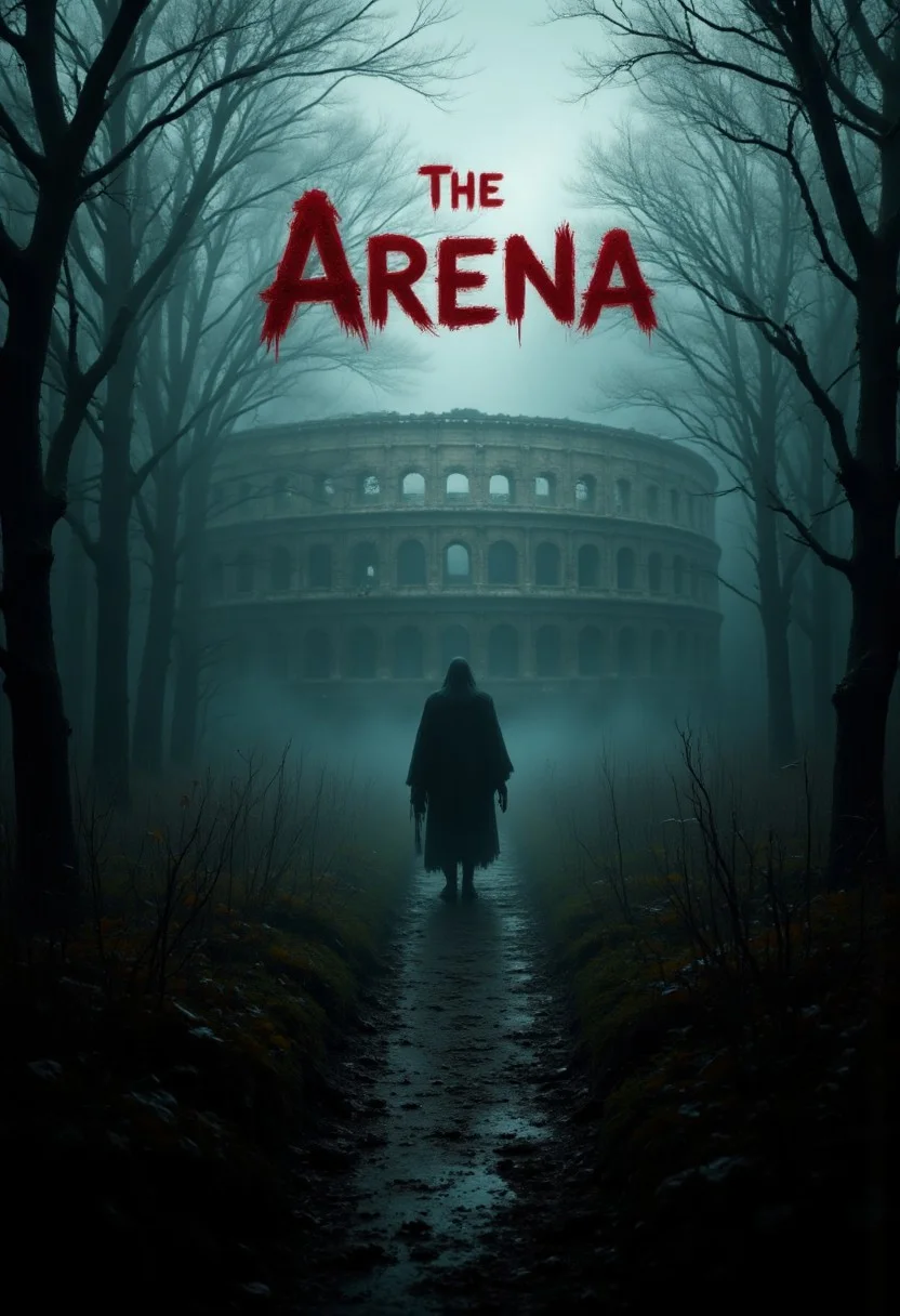 Horror movie scene, mist, forest of scariest trees a Colosseum can be seen, walls of the colosseum are filled with blood stains, with text:"The Arena" made with blood , aidmaabdhr, aidmaTextImprover