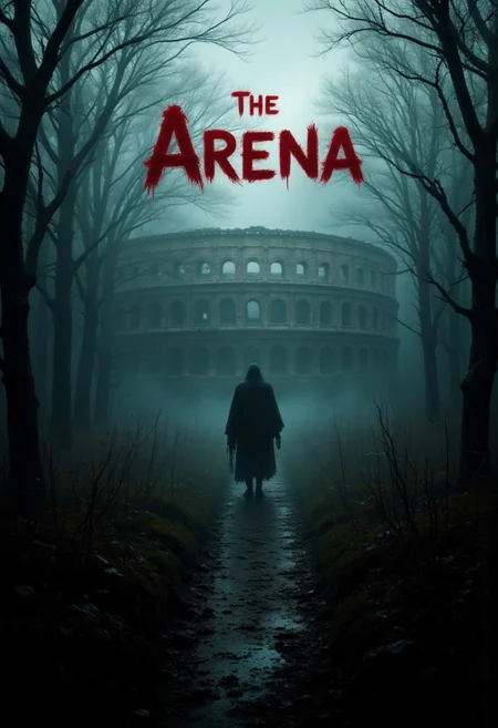 Horror movie scene, mist, forest of scariest trees a Colosseum can be seen, walls of the colosseum are filled with blood stains, with text:"The Arena" made with blood , aidmaabdhr, aidmaTextImprover