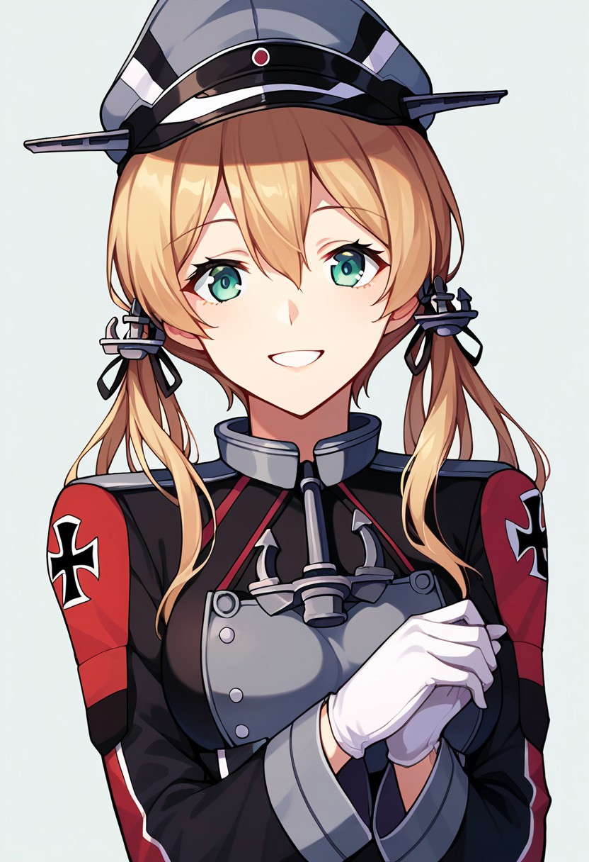 score_9, score_8, score_7, source_anime, prinz eugen (kancolle), low twintails, anchor hair ornament, long sleeves, military hat, military uniform, iron cross, gloves, cross, white gloves, smile