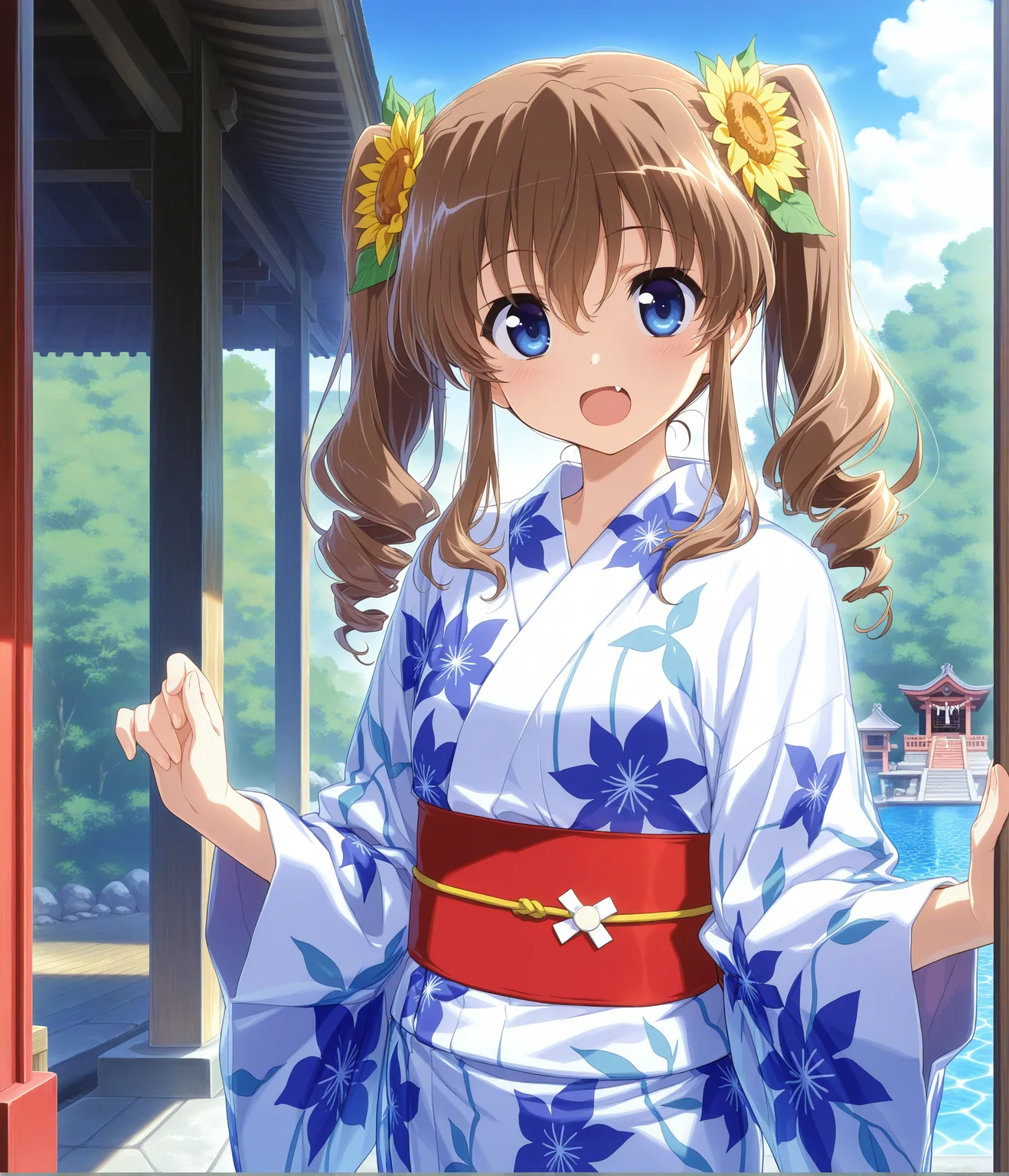masterpiece,best quality,high resolution,caustics,detailed,1 girl,solo,
full_body,standing,japanese shrine,outdoor,
,look_at_viewer,
<lora:mikaV1:1>nogizaka_mika,nogizaka_haruka_no_himitsu, twintails, sunflower, flower, hair ornament, hair flower,long hair, drill hair, hair between eyes,fang,brown hair,blue eyes,small breasts,
yukata,japanese clothes,