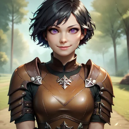 (((detailed, beautiful, high quality))), score_9, score_8_up, score_7_up, upper body, solo, 
leather armor, leather shoulder pads, leather bracers, human,
1girl, black hair, short hair, purple eyes, kind smile,  (((torso focus))),
looking at the viewer, posing, 
fantasy background, blurred background,