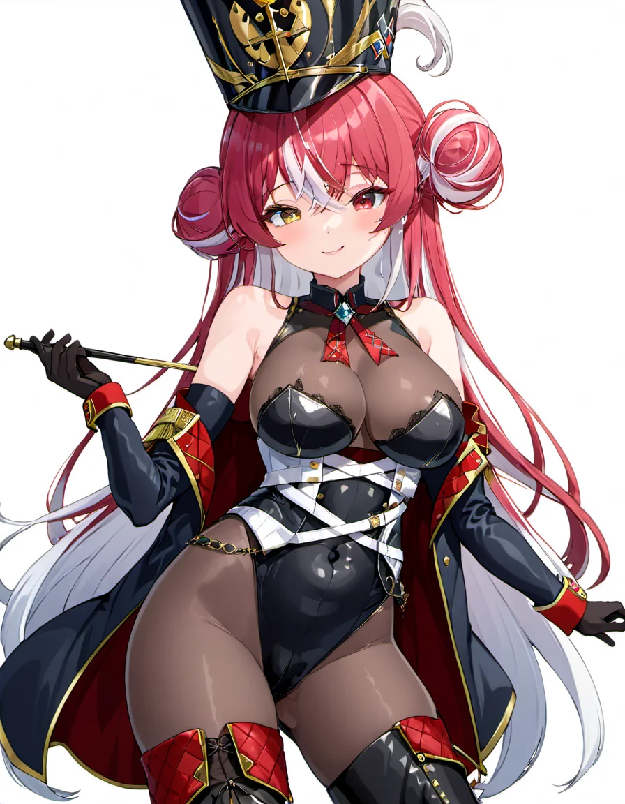 <lora:Houshou_Marine:.8> houshou marine, solo, shako cap, large breasts, long hair, hat, gloves, heterochromia, covered navel, looking at viewer, white hair, leotard, multicolored hair, parted lips, white background, elbow gloves, black leotard, smile, simple background, blush, thigh boots, bare shoulders, boots, pantyhose, hair bun, black headwear, cleavage, holding, black gloves, streaked hair, black footwear, official alternate costume