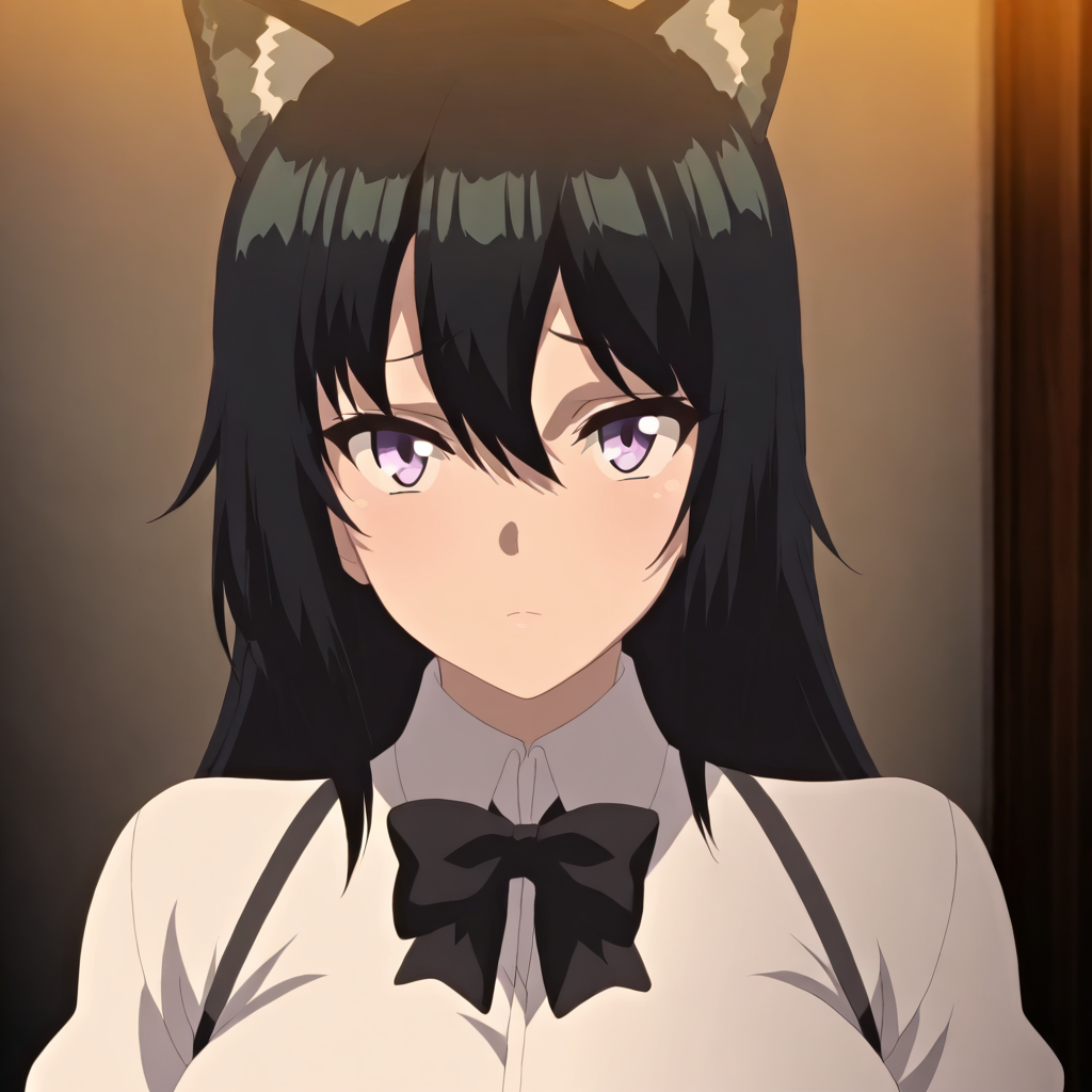 solo,upper_body,portrait,anime coloring,looking at viewer,masterpiece,high score,great score,absurdres,<lora:Mira ag4o:1> mirachar, black hair, long hair, animal ears, purple eyes,