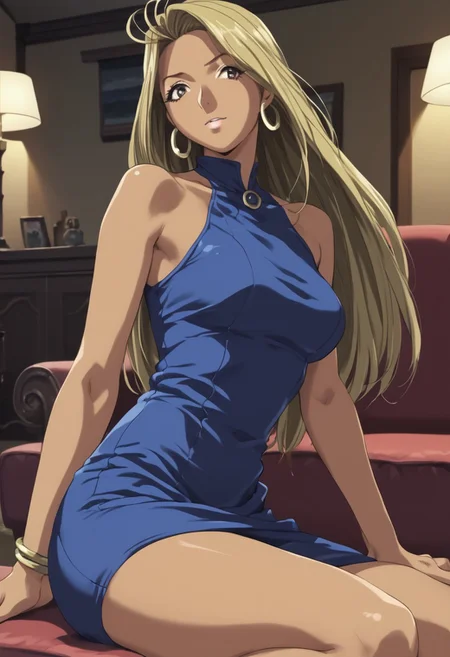 score_9,score_8_up,score_7_up, 1girl, Mayumi_Wakabayashi, blonde hair, long_hair, solo, (dark_skin,:1.2) , white blue dress, golden hoop earrings, <lora:CrossswimsuitXL_epoch_6:0.99>, looking_at_viewer, living room, (high quality, detailed, beautiful),