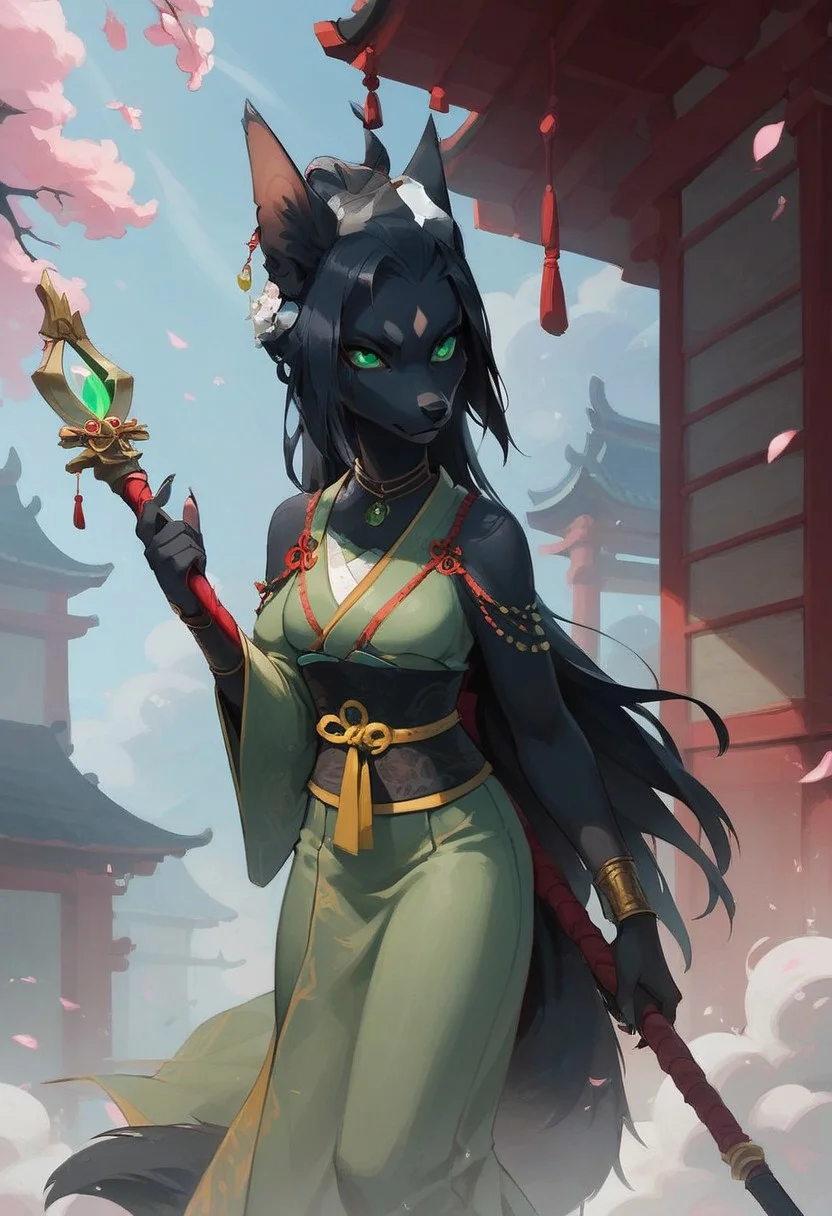 score_9, score_8_up, score_7_up, (1girl), solo Black furry fox green eyes, dressed in a white and black men's kimono. The fur on the ears and tail is yellow (gold) at the very end. He stands with a staff in a fighting stance. a calm expression on his face. an abandoned Japanese temple. A bright day . Front flare lighting