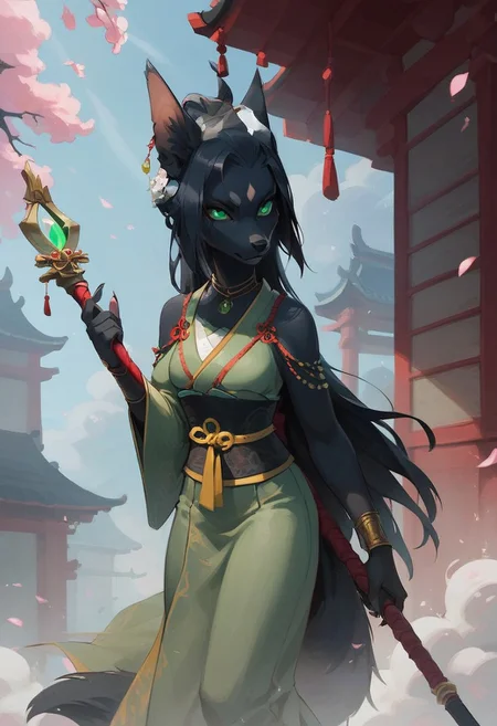 score_9, score_8_up, score_7_up, (1girl), solo Black furry fox green eyes, dressed in a white and black men's kimono. The fur on the ears and tail is yellow (gold) at the very end. He stands with a staff in a fighting stance. a calm expression on his face. an abandoned Japanese temple. A bright day . Front flare lighting
