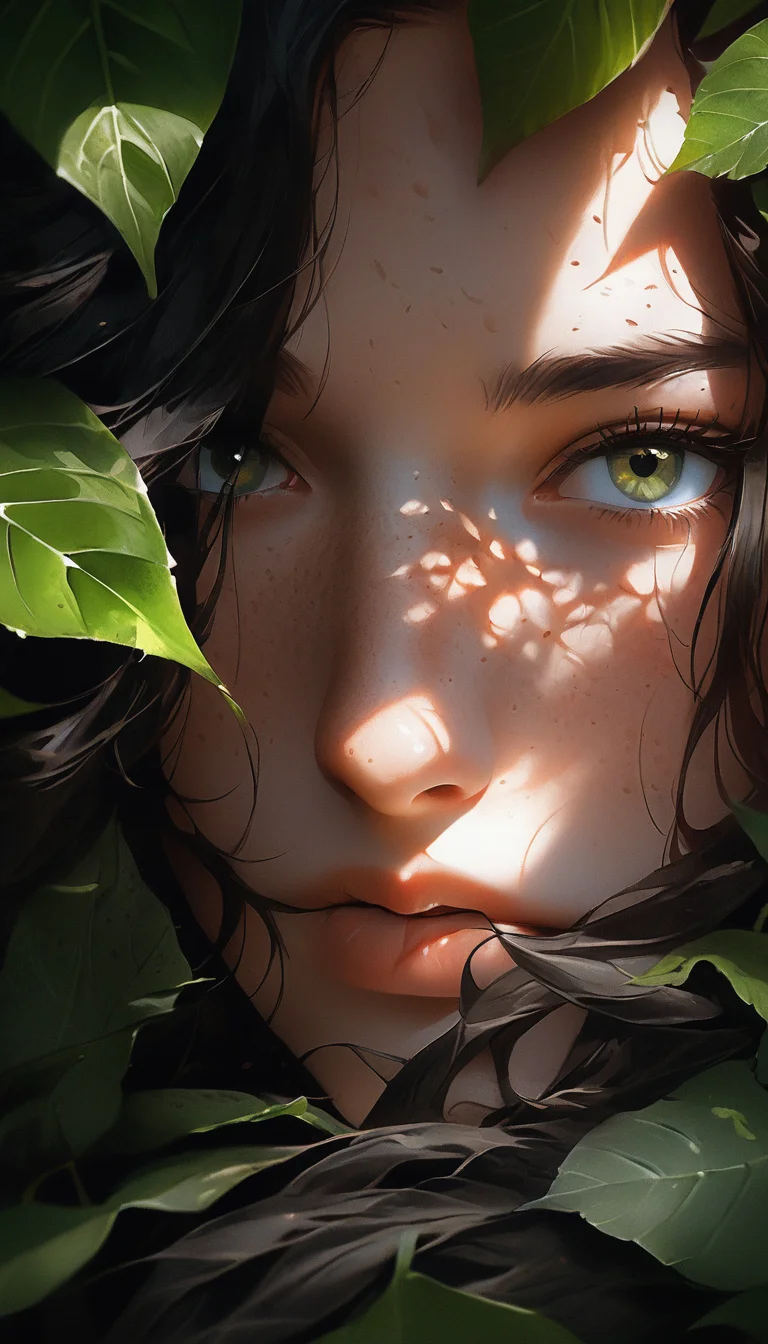 <lora:add-detail-xl:1> portrait of a unique breathtaking and beautiful woman face close-up, stunning detail, hyper detailed eyes, detailed skin with a flawless texture delicate and refined, smooth hair elegantly draped around her neck, subtle freckles on her nose, fullness of her lips, covered with leafs, captured in masterful composition, lighting accentuate her natural beauty, gentle shadows and highlights, incredible skill and attention to detail, nuance and detail, supersharp focus, Carne Griffiths, Conrad Roset, annie leibovitz, (hyperdetailed:1. 15), (soft light, sharp:1. 2), (Hasselblad masterclass:1. 1)
