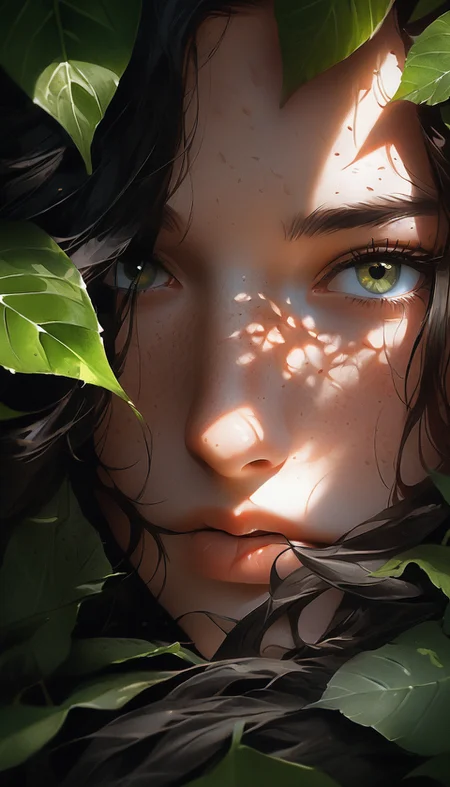 <lora:add-detail-xl:1> portrait of a unique breathtaking and beautiful woman face close-up, stunning detail, hyper detailed eyes, detailed skin with a flawless texture delicate and refined, smooth hair elegantly draped around her neck, subtle freckles on her nose, fullness of her lips, covered with leafs, captured in masterful composition, lighting accentuate her natural beauty, gentle shadows and highlights, incredible skill and attention to detail, nuance and detail, supersharp focus, Carne Griffiths, Conrad Roset, annie leibovitz, (hyperdetailed:1. 15), (soft light, sharp:1. 2), (Hasselblad masterclass:1. 1)