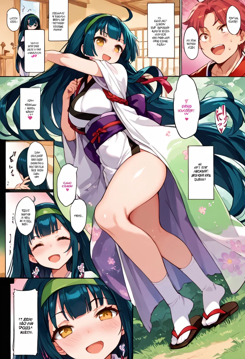 (nsfw:1), (Uncensored:1),
score_9, score_8_up, score_7_up, source_anime, BREAK
<lora:FComic1To3Page_Pony_V1:1>(1page),comic,Multi view, Frame, Text, speech bubble, frame, heart, trembling, focus line, vibrating line, comic expression, Sound effect,
1girl, solo focus,
(full body:1.3), (cowboy shot),
blush, open mouth, smug, smirk,
<lora:TohokuZunko_MMD_V1:0.85>Tohoku_Zunko, yellow eyes, brown eyes, large brests, Thick thighs,
blunt bangs, green hair, very long ahoge , very long hair, low-tied long hair, green hairband,
muneate ,armor, white kimono, short kimono, short sleeves, bow, red tasuki, red ribbon, purple obi,
sandals, geta,zouri, tabi, socks,white socks,
(mature female:1), huge brests:1, shiny skin, oily skin, Thick thighs, voluptuous lower body,