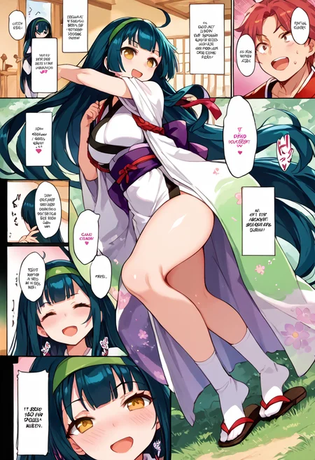 (nsfw:1), (Uncensored:1),
score_9, score_8_up, score_7_up, source_anime, BREAK
 <lora:FComic1To3Page_Pony_V1:1>(1page),comic,Multi view, Frame, Text, speech bubble, frame, heart, trembling, focus line, vibrating line, comic expression, Sound effect,
1girl, solo focus,
(full body:1.3), (cowboy shot),
blush, open mouth, smug, smirk,
 <lora:TohokuZunko_MMD_V1:0.85>Tohoku_Zunko, yellow eyes, brown eyes, large brests, Thick thighs,
blunt bangs,  green hair, very long ahoge ,  very long hair,   low-tied long hair, green hairband, 
muneate ,armor, white kimono, short kimono, short sleeves, bow, red tasuki,  red ribbon, purple obi, 
sandals,  geta,zouri, tabi, socks,white socks,
(mature female:1), huge brests:1, shiny skin, oily skin, Thick thighs, voluptuous lower body,