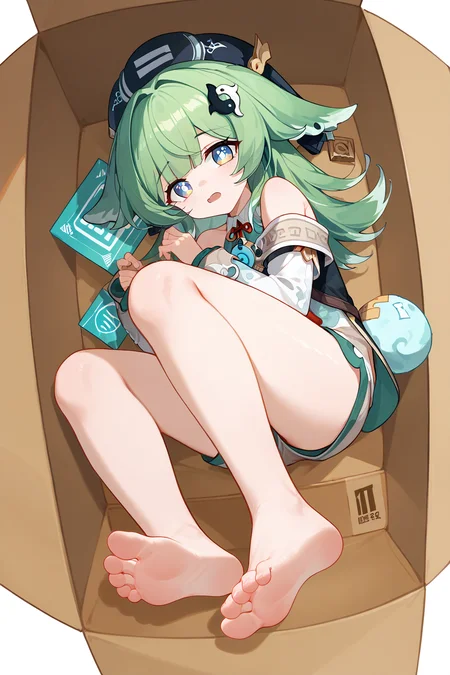 (score_9,score_8_up,score_7_up),<lora:HuoHuo(Honkai Star Rail)-v1-000006:0.8>,HuoHuo(Honkai: Star Rail),1girl,feet,barefoot,toes,soles,green hair,on side,box,long hair,looking at viewer,in container,bangs,legs,in box,foot focus,lying,cardboard box,hat,long sleeves,open mouth,bare legs,solo,foreshortening,animal ears,bare shoulders,full body,shorts,blue eyes,multicolored hair,black headwear,
good feet,anime,NSFW,expressive,amazing quality,ultra hd 32k,