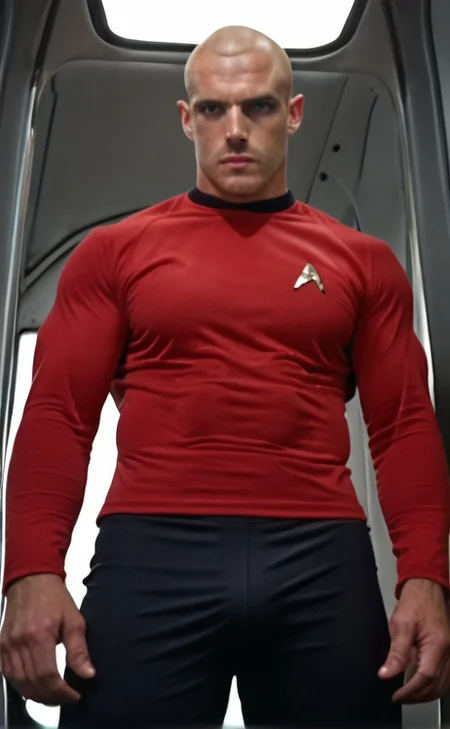 1boy, 20 year old male, Handsome, masculine, blonde, star trek, red shirt, muscle, tall, tight shirt, wide pectorals, big shoulders, wide shoulders, muscular neck, German, standing at attention, bald, big pale blue eyes, abs, biceps, serious facial expression, phaser, hand, long bulge in his pants, view from below,
mb-bulge,
stunf, star trek uniform, uss enterprise ncc-1701 interior background, star trek, space ship interior, 1960s TV,