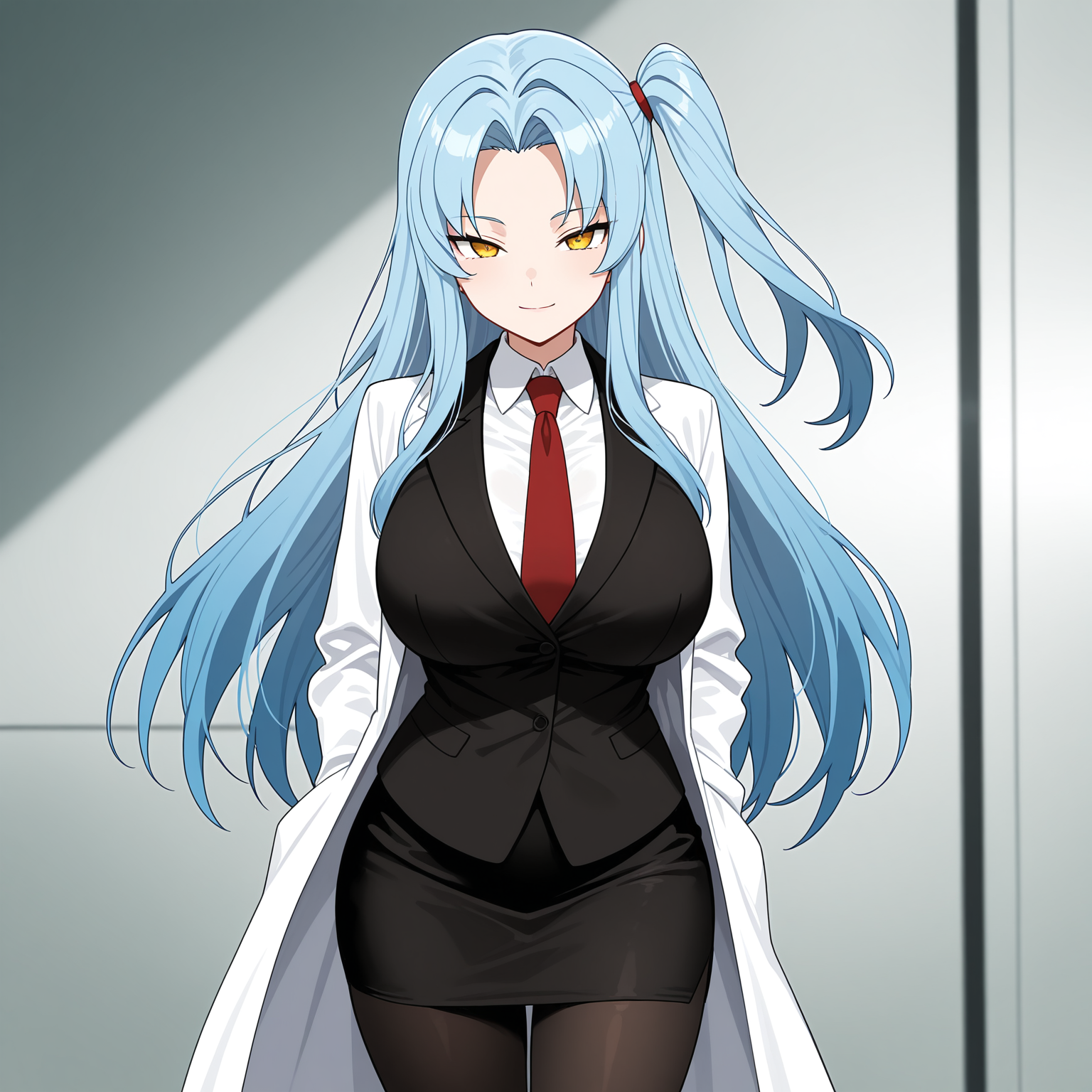 masterpiece, best quality, amazing quality, anime screencap, 1girl, solo, standing, cowboy shot, looking at viewer, light smile, <lora:AngelaLC:0.9>, AngelaLCorp, long hair, blue hair, parted bangs, curtained hair, one side up, yellow eyes, tsurime, large breasts, lab coat, black jackets, white shirt, red necktie, black pencil skirt, black pantyhose, red high heels,