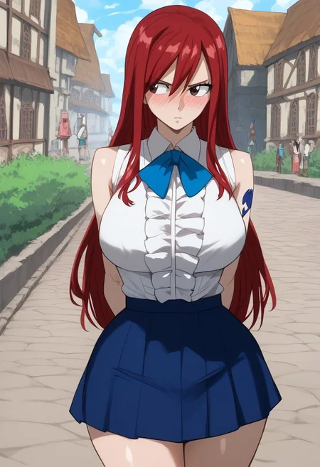 safe_pos, (score_9, score_8_up, score_7_up, high quality, best quality, ultra-detailed, very aesthetic, illustration, perfect composition, intricate details, absurdres, high res image, masterpiece, vibrant colors, beautiful face, detailed face, 1girl, solo focus, perfect eyes, detailed eyes), erza scarlet, Erza_Scarlet, long hair, red hair, hair between eyes, brown eyes, pale skin, thighs, perfect body, voluptuous, large breasts, curvy body, narrow-waisted, wide hips, (skirt, shirt, bow, boots, sleeveless, sleeveless shirt, tattoo, white shirt, frills), (blushing, embarassed, looking to the side, looking away, hands behind back), (fantasy, outdoors, town, park)
