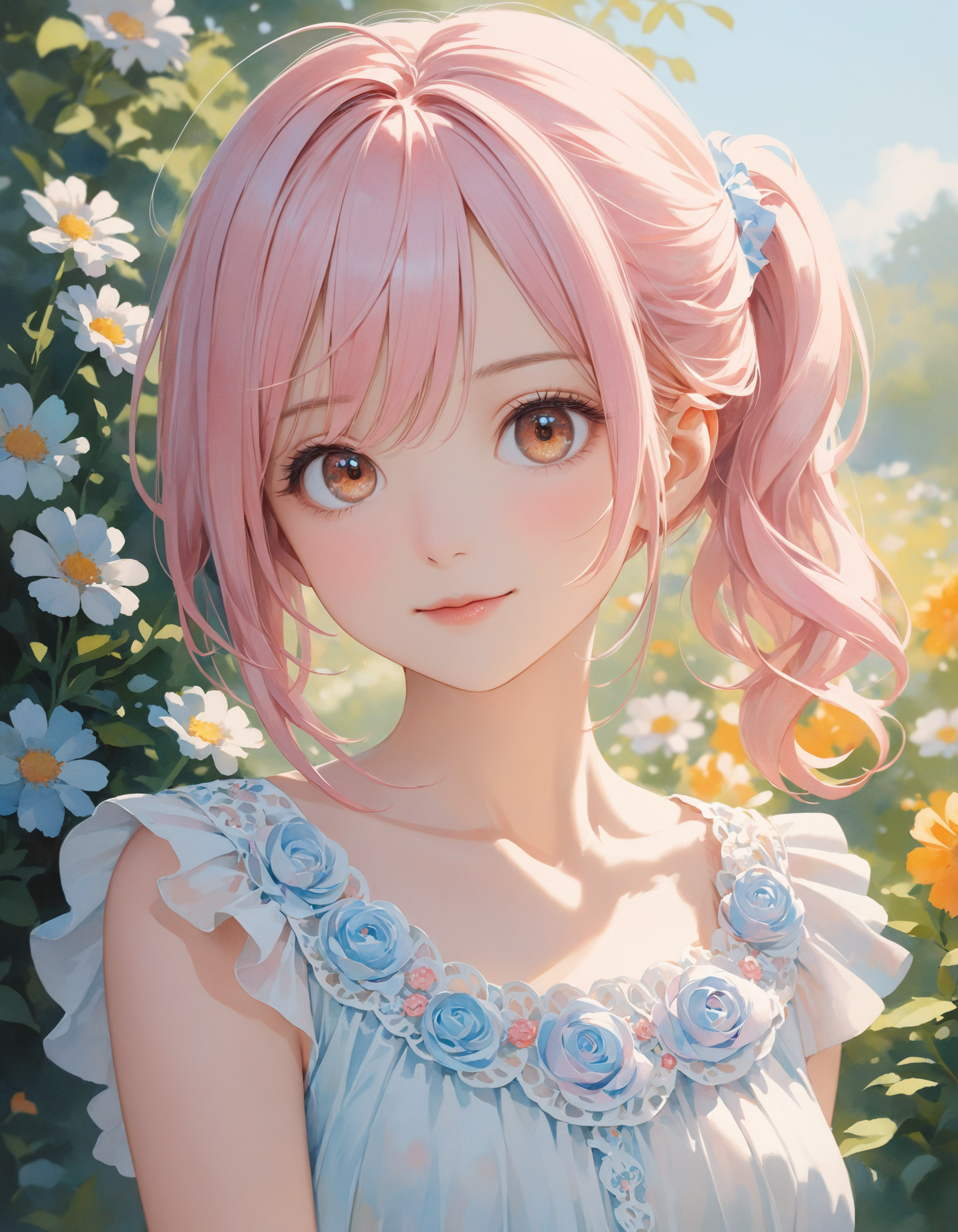 SceneDescription:
  - Composition: Portrait. Face focus. Shooting from front.
  - Subject: A cute girl.
    - Characteristics:
      - Face: (Cute round face:1.2).
      - Eyes: Detailed brown eyes.
      - Hair: Wavy hair, (side ponytail:1.05), pale pink hair, ahoge and hair between eyes.
      - Body: Detailed slender body. Medium breasts.
      - Clothing: White chiffon a-line dress, flutter short sleeves, layered ruffled skirt and ribbon waist.
      - Expression: Happy expression. Close mouth.
      - Posing: Contrapposto. Head tilt. Looking at viewer.
  - Background: Fashionable flower garden.
    - Elements: Blue sky.
Time: Daytime.
Lighting: (Natural lighting:1.4).
ArtStyle: Watercolor. Traditional media. Blurry. Pale pastel colors.
Quality: Intricate details. Extremely detailed. Outstanding intricacies. (Masterpiece:1.2). (Best quality:1.2). (Absurdres absolutely resolution:1.4).
Mood: Pastel atmosphere.